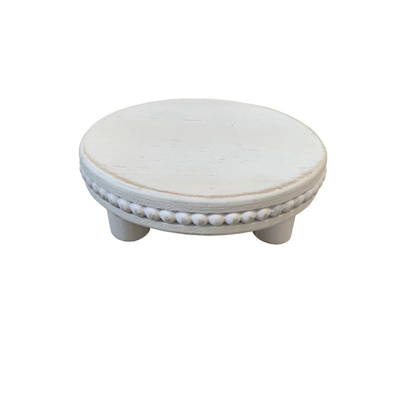 dwellington Farmhouse Beaded Wood Pedestal Tray Decor, 7.6    Round Vintage Display Stand, Decorative Accent Display Riser for Farmhouse Kitchen, Bathroom (White) - Image 1